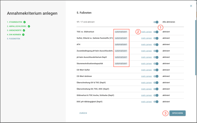 Annahmekriterium anlegen - Fußnoten