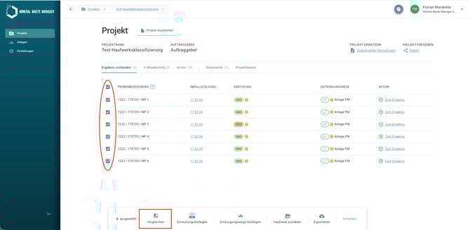 Probenübersicht Hinweis auf Vergleichen